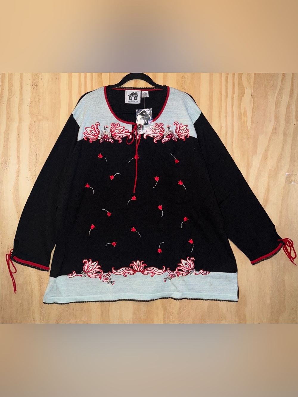 NWT 3X Storybook Knits Floral Embroidered Sweater Black W/Red Tulips Cottagecore